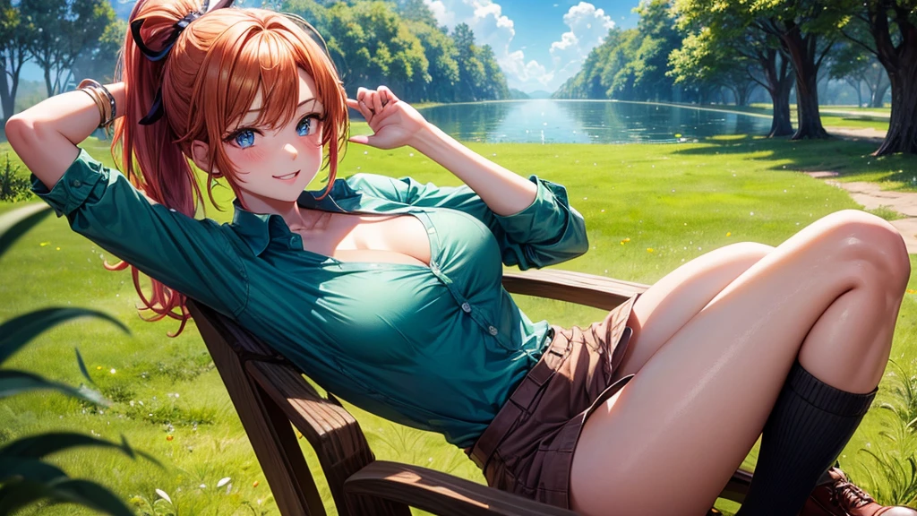 1girl, full body, summer, village, trees, sun, clouds, ((colorful hair)), ponytail, large breasts, cleavage, button down, blue eyes, ((dark green shirt)), ((unbuttoned shirt)), unbuttoning buttons, ((short sleeved shirt)), mini skirt, brown shoes, grin, looking at the viewer, standing, red, white and green hair ribbon, ((golden necklate))