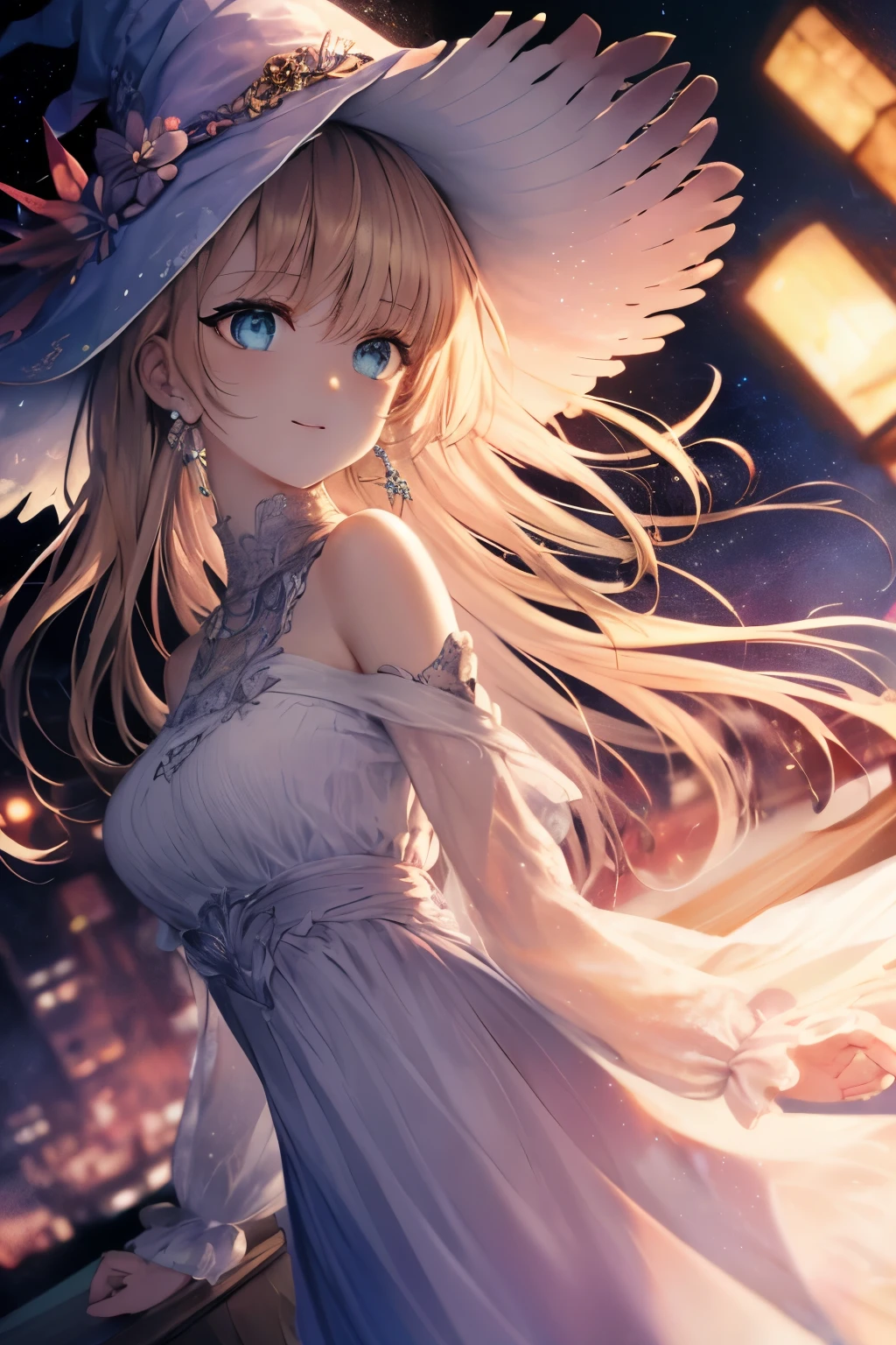 (table top.highest quality).(dynamic angle). (CG painting with very impressive details),(perfect image)、comic strip.shape.1 girl.detailed face、perfect face.delicate face、1 girl, alone, (witch hat), blonde hair, long hair, dress, aurora, night, star (null), mitt, (((null, White dress, night days)))、rough skin、black hair.length、((beautiful blue eyes)).delicate and beautiful eyes、fine eyes、reflected eyes、smile.(look at the audience:1.3).(face is a little red:0.8)、8k wallpaper、cowboy shot、reflected light、most detailed、Complex、delicate background、rough skin、fine skin、(super resolution)、