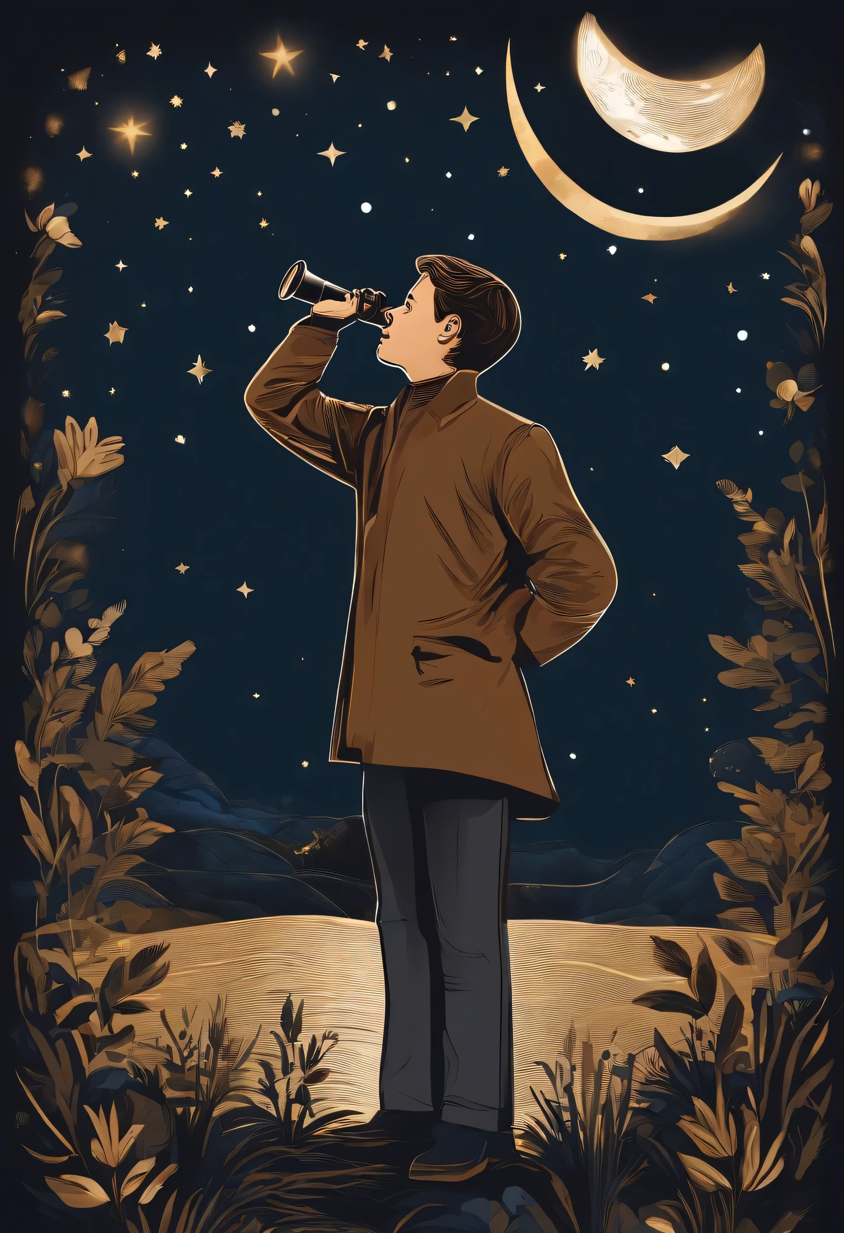 (best quality,4k,highres),a boy looking at his starry night sky with a telescope,adobe illustrator style,vector,coat_of_arms,detailed stars,vector art,silhouette,floral patterns,moon,golden edges,rich colors,vibrant night sky,crisp lines,vivid illustration,dim lighting, looking up spyglass