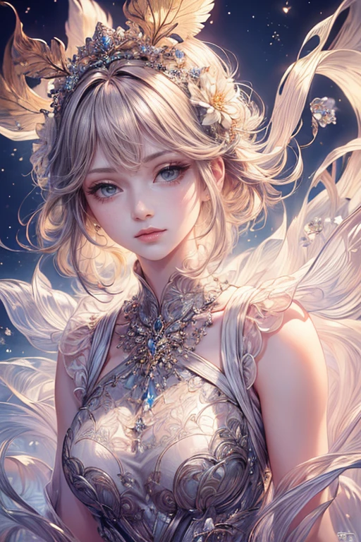 (highest quality,8K,cg,elaborate upper body,Lonely,girl,dress,flower background,detailed facial features,length,elegant hair,almond shaped eyes,exquisite eye makeup,fluttering length eyelashes,big blinking eyes,twinkling stars, intricate lip details,soft and harmonious style)
