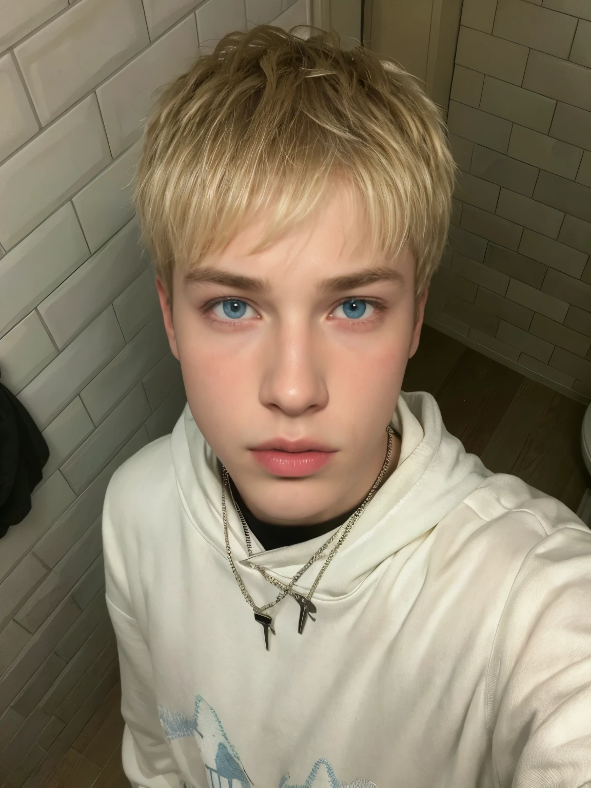 blond boy with blue eyes and a white sweatshirt in a bathroom, blonde boy with yellow eyes, short hair on top of his head, tommy 1 6 years old, lil peep, joel fletcher, style of seb mckinnon, perfectly lit face, 18 years old, blonde guy, christian cline, tyler, perfect face and boy, twink, artem
