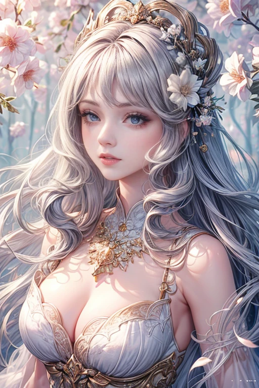 (highest quality,8K,cg),Upper body details, girl,flower forest background,complex facial features,elegant long curly hair,large almond shaped eyes,detailed eye makeup,long eyelashes,twinkling stars,exquisite lip detail,soft and harmonious style.
