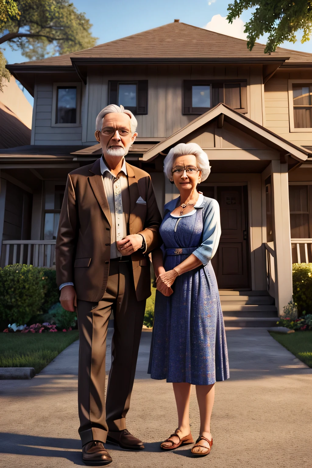 extremely detailed,an old American couple in front of their house, cinematic, 3d rendering