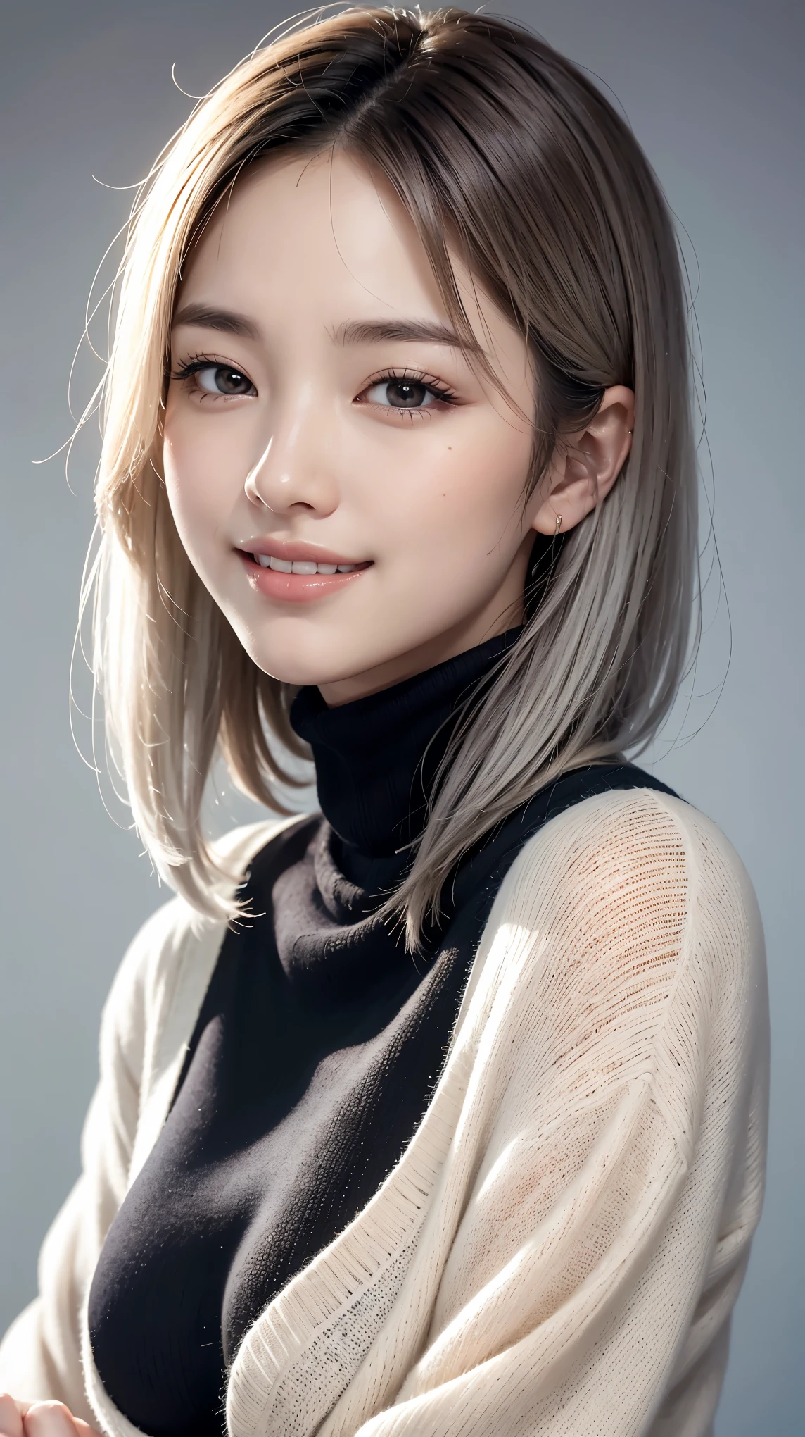 Realistic, masterpiece, highest quality, highest resolution, A portrait depicting only the upper body of a Japanese woman, A happy smile, slightly turned to the side, definitely looking at the audience, beautiful detailed eyes, black eyes, (hidden creased eyelids:1.2), thin eyebrows, Carefully draw eyelashes, natural makeup, middle hair, silver hair, detailed face, Black thick turtleneck sweater