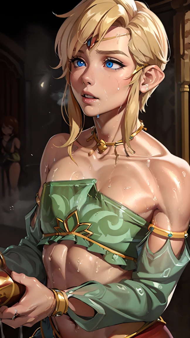 ((masterpiece)), ((best quality)), (detailed), perfect, solo, link, gorgeous boy, luscious lips, blonde hair, sexy, (((oiled collarbones))), (((sweated collarbones)))