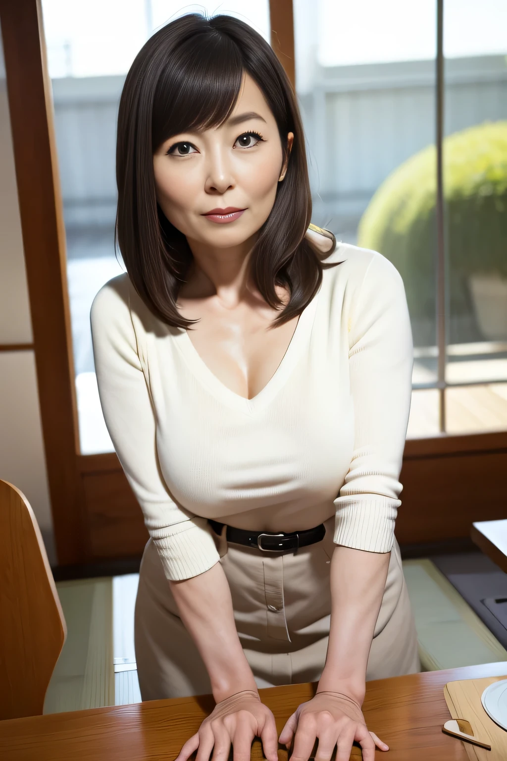 Solo.Selfie of a woman with a smartphone. Stand bent forward with your left hand extended forward enough to frame out and your right hand on the dining table..((Best Quality:1.0)), (Photorealistic:1.3),(Raw photo),(Solo),Sharp Focus,finely detailed,High Quality, High Definition,japanese, 1 Middle Aged Woman,detailed face,(muscular:1.0), (around 44 years old),(⁠japanese middle aged woman in her 40s : 1.4),(dull Skins: 1.2),black hair..Japanese mature, 45 years old, good shape big breasts,High resolution, High level image quality, high detail, masterpiece, rough skin, anatomically correct, sharp,  Black stockings..Beige Tight Fit shallow V-neck sweater,Beige skirt,middle hair.perfect fingers.Bewitching expression on her face,maternal glance