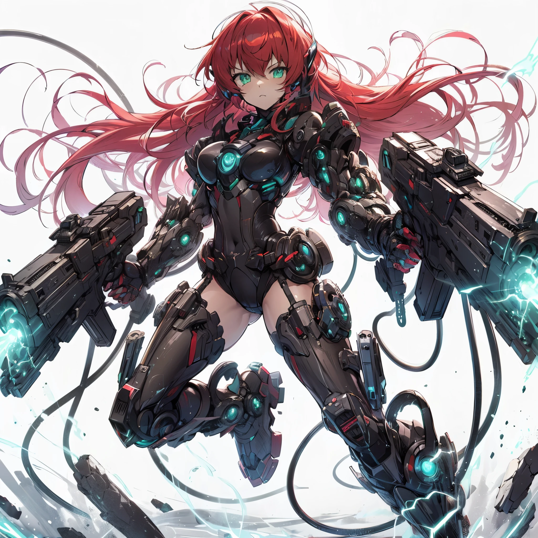 (Masterpiece, Top Quality), (Fine Hair), Ultra-Detailed, Anime Style, Solo, Full Length, Concept Art, Setting Paintings, Cyberpunk gunslinger Girl, red Hair and green Eyes, cyberpunk body-fit Suit, face-exposed Cyber Headgear, huge gauntlet, held guns each hand, fighting Pose, supernatural lightning, wearing mechanical boots, White background, standing full length, Digital painting, Standing on wasteland, ((Senki Zesshou Symphogear))
