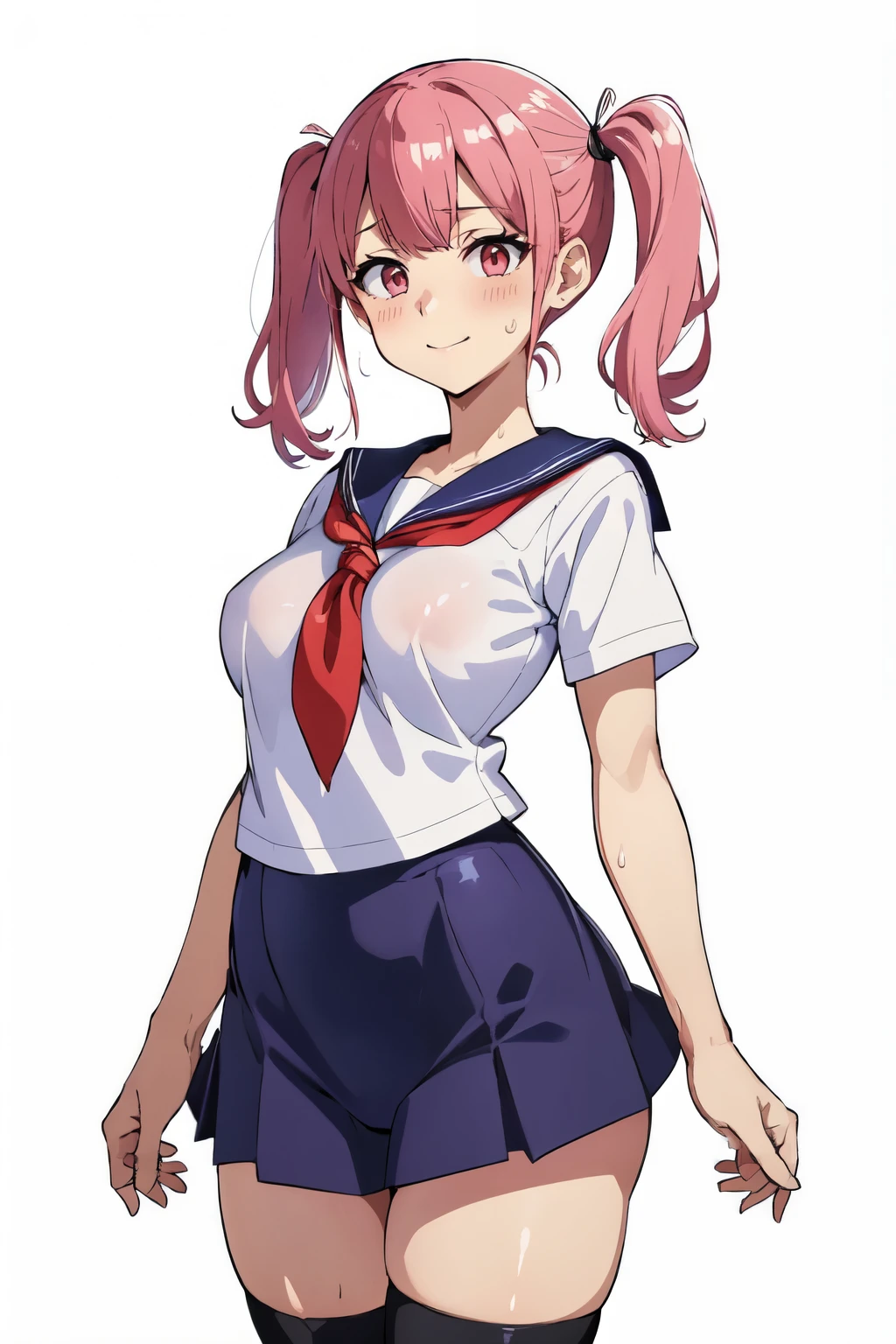 pink hair、((short sleeve sailor suit、navy blue skirt、black tights))、(white background)、Standing picture、Ultra-detailed illustrations、Super precise expression、masterpiece、highest quality、ultra High resolution、High resolution、(small breasts:1.3)、(Sweat、body fluid:1.2)、shiny skin、(medium hair、short twin tails、young、red eyes、Slender)、Mommyfy、(smile)