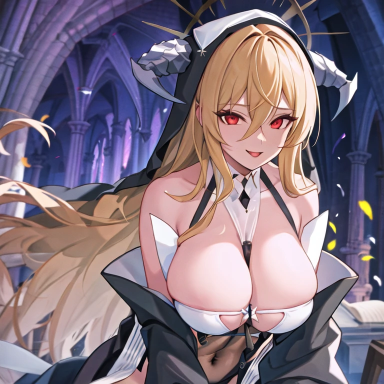 1 girl, Bangs, bare shoulders, between breasts, black skirt, black gloves, blonde hair, OK, , Sticking out tongue, Cover belly button, Habit, hair between eyes, halo, trumpet, huge breasts, unyielding \(Azure Lane\), long sleeve, looking at the audience, nun, pelvic curtain, Red eyes, Smile, alone, Very long hair, white, in the church,