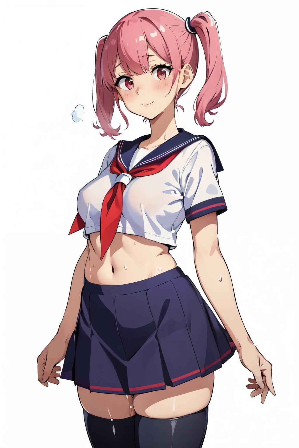 pink hair、((short sleeve sailor suit、navy blue skirt、black tights))、(white background)、Standing picture、Ultra-detailed illustrations、Super precise expression、masterpiece、highest quality、ultra High resolution、High resolution、(small breasts:1.3)、(Sweat、body fluid:1.2)、shiny skin、(medium hair、short twin tails、young、red eyes、Slender)、Mommyfy、(smile)