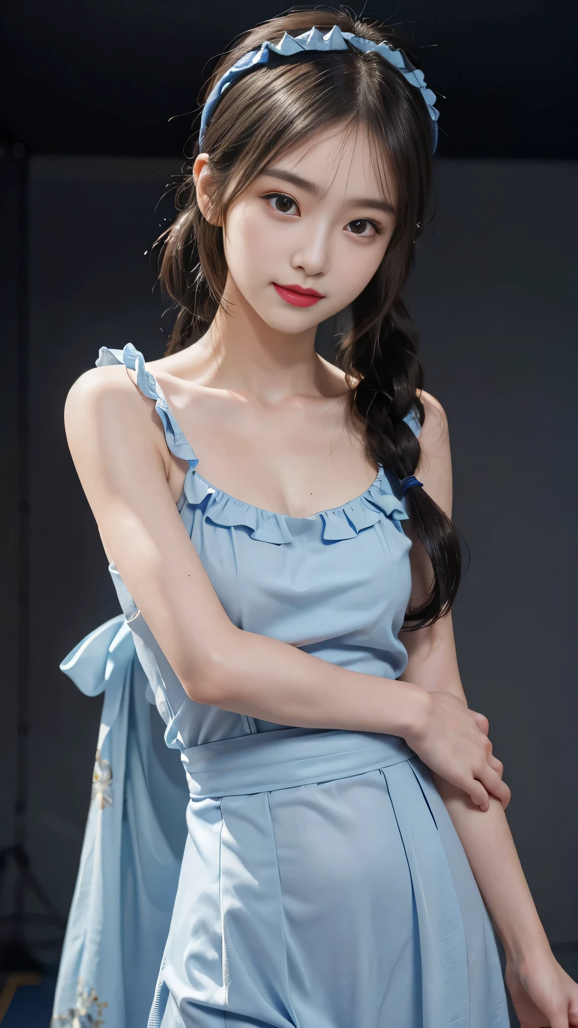 Bust Shot,Commercials for luxury cosmetics style,Commercial filming studio,The background is all gray,The Skyblue dress features a sleeveless, fitted bodice with a decorative ribbon,The background is all gray,The highest image quality, High quality, the background is clear,Beautiful woman, Japanese,Ultra-detailed, finely detail, hight resolution, 8k Wallpaper, Perfect dynamic composition, Beautiful detailed eyes , Detailed, Detailed eyes, Detailed skin, Beautiful skin, 超hight resolution, (reality: 1.4),Very beautiful woman, Slightly younger face, Beautiful skin, Slender, (Ultra photo realsisim), (hight resolution), (8k), (Very detailed) (beautifully detailed eyes), (super detailed), (Detailed face), view the viewer, Fine details, Detailed face, Staring straight ahead, Staring straight ahead, photos realistic, Bright lighting, Professional Lighting, Black hair,poneyTail,a baby face,sixteen years old,Hairstyle: ponytail,Long ponytail hairstyle,slight smile,Beautiful Japanese KPOP idol photo, hair style is ponytail, my eyes are double and wide, baby face, smile and look straight ahead, Slender, small breasts,