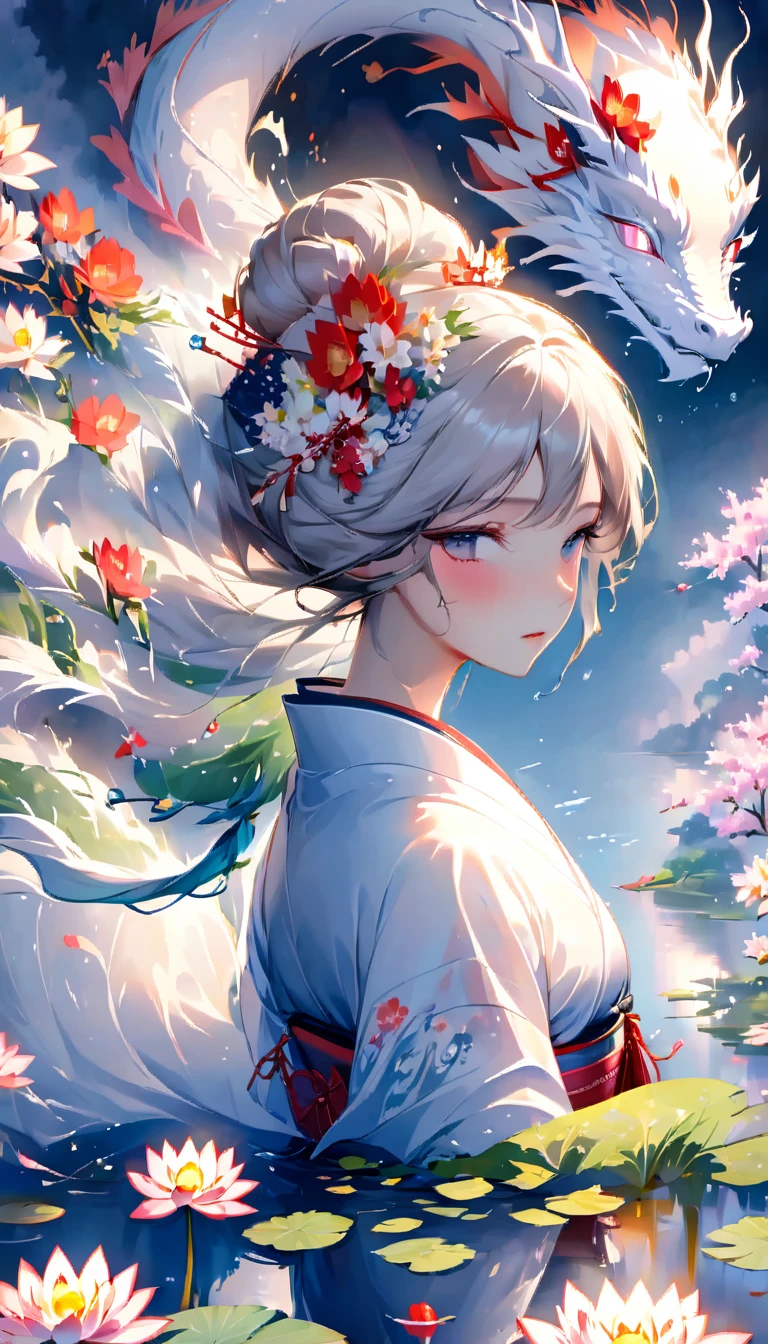 colorful clouds，halo，Reflection on the surface of the water，fan，Gorgeous and luxurious，Glittering，white long hair，A Japanese-style flower crown on the head，Goddess，Hagoromo，The skin is transparent，whole body，The person is far away，kimono，長いkimonoの裾から片足だけ見えてる，kimonoが濡れて肌が透けている，A casual white dragon in the background，White Lotus Flowers．petals dance，water droplets，glossy，god々The beauty，a sad expression，flushed cheeks，龍god，night