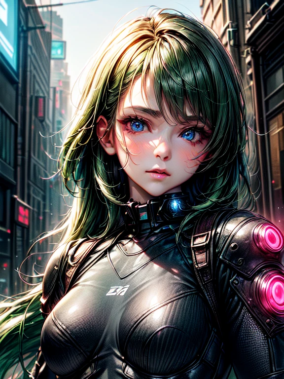 woman, Realistic character, Green hair with pink strands, Blue eyes, anime, One, modern, cyberpunk