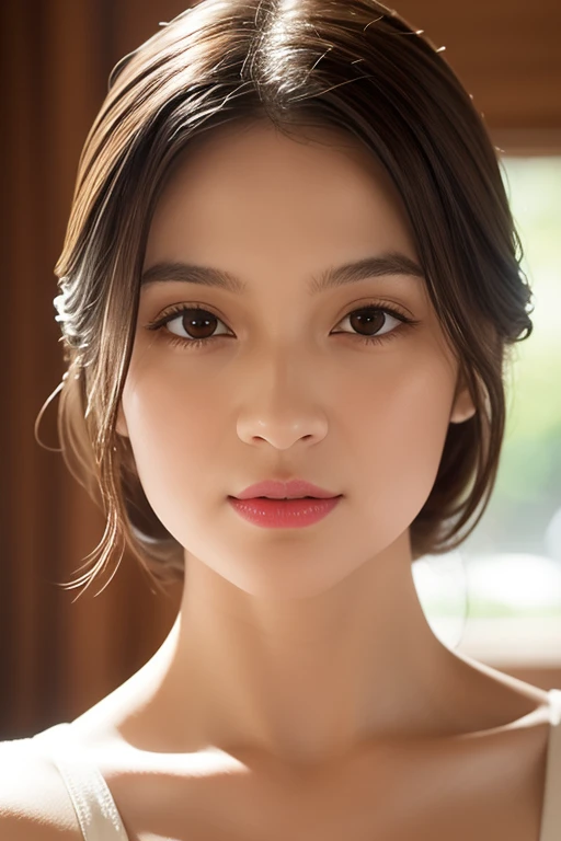 1girl, High-quality work，Realistic works，Super premium graphics，8K HD CG works，high quality graphics，High-definition and exquisite CG works，10x pixels，Ultra-fine details：1.1，Advanced technical details：1.1Realistic photo effects，Interior lighting effects：1.5，natural soft light：1.5. Light effect（Virtual light effects：1.8），ultra high resolution, long brown hair，high detailed hair（Quality hair details：1.1）Clear eyes，Double eyelids look good，Sharp eye makeup, Create exquisite eyelash makeup, thin eyebrows, Ultra-detailed eyes，a tall nose, lovely red lips, chapped lips, rosey cheeks, With delicate makeup on her face , pretty face, The face shape is perfectly proportioned,（Advanced  details：1.1) 20 years old, perfect beautiful detailed face, realistic skin pores, sharp clear eyes, ( slip)，Amazing ,  slender body, perfect medium , staring at camera, innocent,  pose,  Look, Intimate pov, point of view