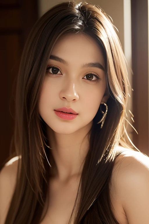 1girl, High-quality work，Realistic works，Super premium graphics，8K HD CG works，high quality graphics，High-definition and exquisite CG works，10x pixels，Ultra-fine details：1.1，Advanced technical details：1.1Realistic photo effects，Interior lighting effects：1.5，natural soft light：1.5. Light effect（Virtual light effects：1.8），ultra high resolution, long brown hair，high detailed hair（Quality hair details：1.1）Clear eyes，Double eyelids look good，Sharp eye makeup, Create exquisite eyelash makeup, thin eyebrows, Ultra-detailed eyes，a tall nose, lovely red lips, chapped lips, rosey cheeks, With delicate makeup on her face , pretty face, The face shape is perfectly proportioned,（Advanced  details：1.1) 20 years old, perfect beautiful detailed face, realistic skin pores, sharp clear eyes, ( slip)，Amazing Cleavage,  slender body, perfect medium breast, staring at camera, innocent,  pose,  Look, Intimate pov, point of view