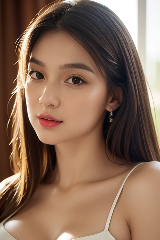 1girl, High-quality work,Realistic works,Super premium graphics,8K HD CG works,high quality graphics,High-definition and exquisite CG works,10x pixels,Ultra-fine details:1.1,Advanced technical details:1.1Realistic photo effects,Interior lighting effects:1.5,natural soft light:1.5. Light effect(Virtual light effects:1.8),ultra high resolution, long brown hair,high detailed hair(Quality hair details:1.1)Clear eyes,Double eyelids look good,Sharp eye makeup, Create exquisite eyelash makeup, thin eyebrows, Ultra-detailed eyes,a tall nose, lovely red lips, chapped lips, rosey cheeks, With delicate makeup on her face , pretty face, The face shape is perfectly proportioned,(Advanced facial details:1.1) 20 years old, perfect beautiful detailed face, realistic skin pores, sharp clear eyes, (nipple slip),Amazing Cleavage, slender body, perfect medium breast, staring at camera, innocent, Seductive pose, Seductive Look, Intimate pov, point of view