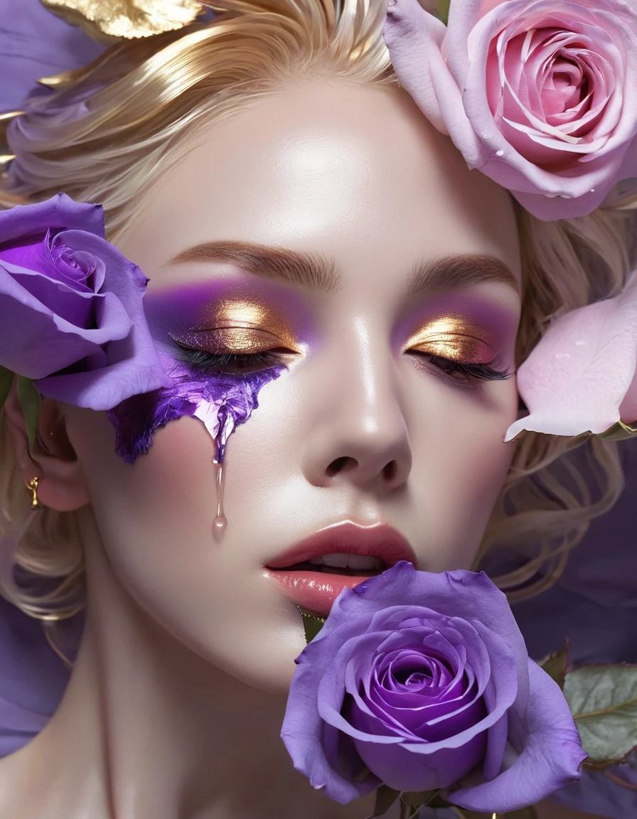 print to mix color. perfect simetria. purple rose in the middle positioned next to the face of a beautiful lady scene adlt 18 with intense eyes who crying a tear and golden lips.. Blush, reflection, trod. illustration, cinematic lighting. view from the ceiling. abstract picasso. no 3d. no teen. no so realistic. no watercolor , stephen lau and artgerm, as seen on artgerm, artgerm julie bell beeple, stanley artgerm lau, artgerm and ben lo, portrait , artgerm on artstation pixiv, posing for photoshoot, beautiful sexy and beautiful and attractive