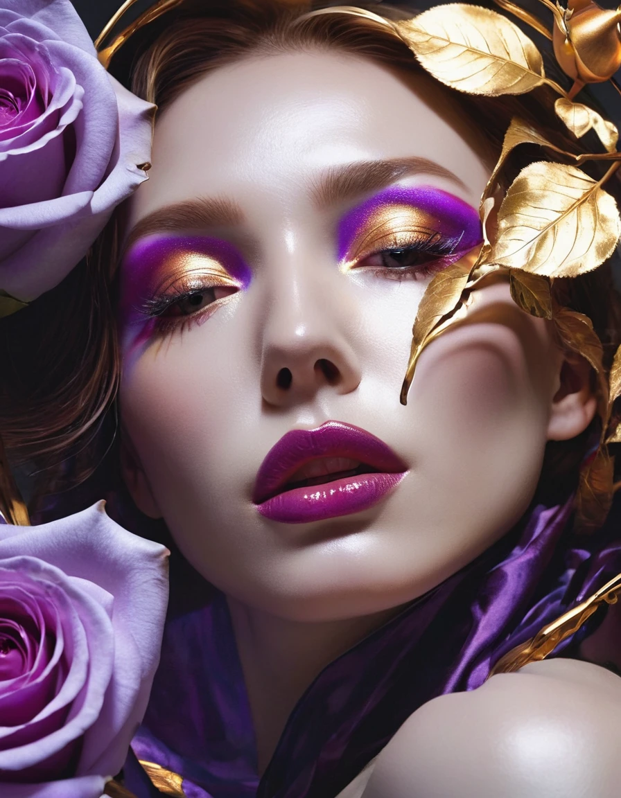 print to mix color. perfect simetria. purple rose in the middle positioned next to the face of a beautiful lady scene adlt 18 with intense eyes who crying a tear and golden lips.. Blush, reflection, trod. illustration, cinematic lighting. view from the ceiling. abstract picasso. no 3d. no teen. no so realistic. no watercolor , stephen lau and artgerm, as seen on artgerm, artgerm julie bell beeple, stanley artgerm lau, artgerm and ben lo, portrait , artgerm on artstation pixiv, posing for photoshoot, beautiful sexy and beautiful and attractive