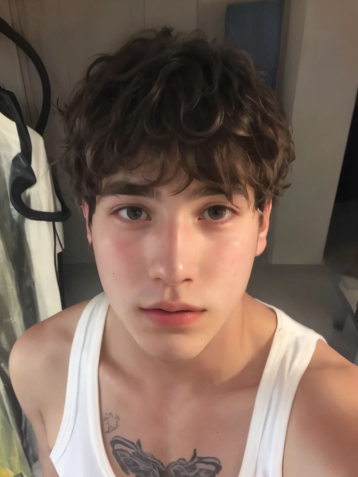 arafed man with a tattoo on his chest and a white tank top, 18 years old, profile image, 1 , sweaty face, 2 2 years old years old, taken in 020s, headshot profile picture, 21 years old, profile pic, he has short curly brown hair, zac retz