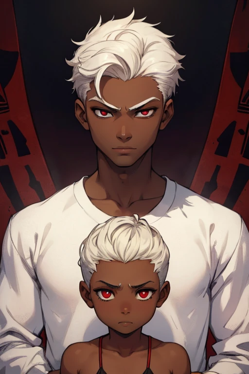 ((Alone)) young boy with dark skin, short white hair combed back, red eyes, Egyptian style, perfect eyes, perfect face,