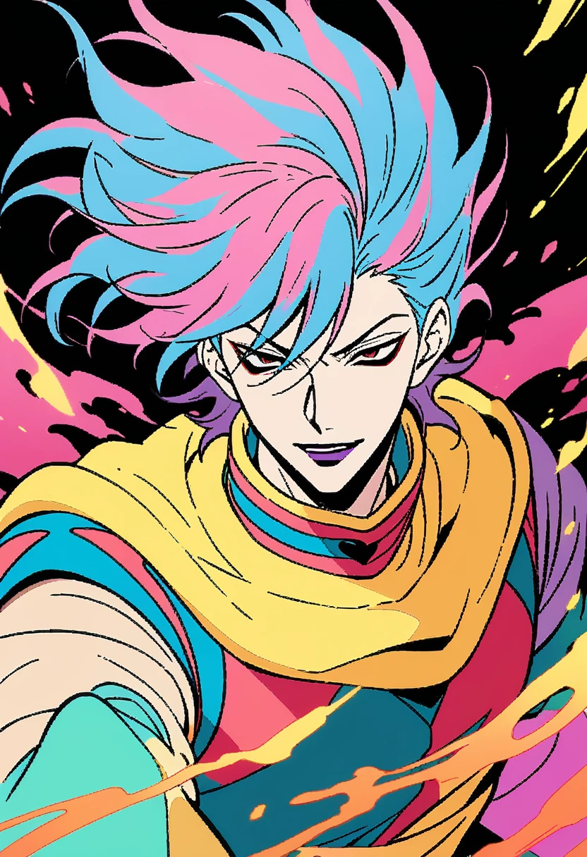 1boy, Hisoka, Hunter x Hunter, Oh, Hisoka, you wonderfully wicked clown! He's a villain you just can't help but love to hate. His unpredictable nature and twisted sense of enjoyment in battle make him a standout antagonist, (masterpiece), (best quality), (ultra-detailed), very aesthetic, illustration, disheveled hair, perfect composition, moist skin, intricate details, anime artwork, anime style, key visual, vibrant, studio anime, highly detailed, Anime line art, lineart, line art, flat colors, flat color
