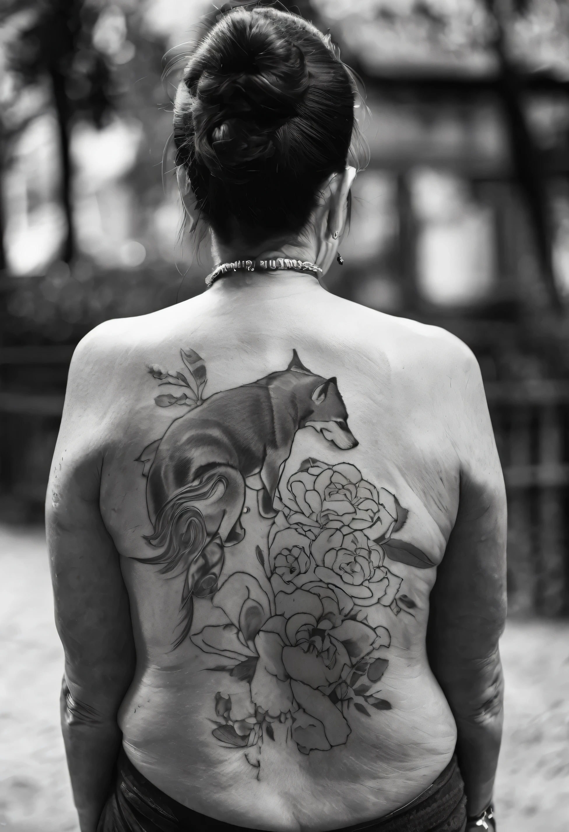 black and white photo of an old womans back, having shiba inu tattooed on his back