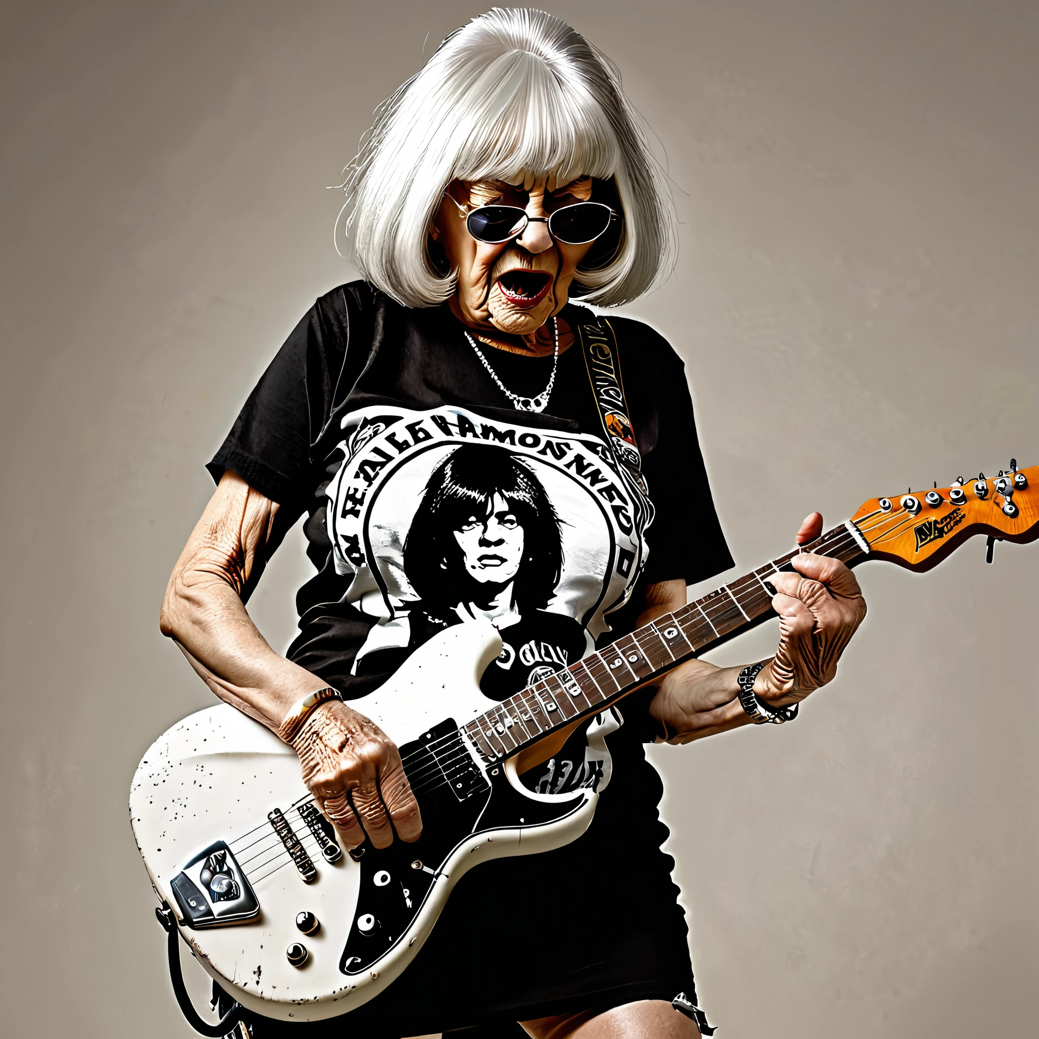 old lady dress with a Ramones's T-shirt, playing axe heaven guitar, white background, angry, chiaroscuro, f/2.8, Hasselblad, from side, backlighting, high quality, high details, super detail, textured skin, best quality, highres, anatomically correct