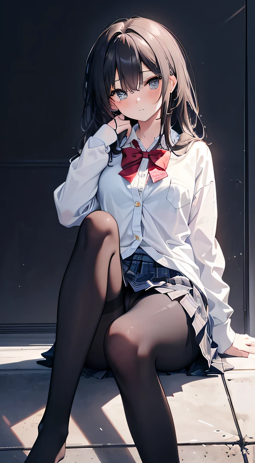 the best, masterpiece, HD, (whole body), frontal lobe, Symmetrical, mature high school girls, alone, (whole body from head to toe), small breasts, long hair, slightly messy hair,Black hair, (black leggings), ( (black pantyhose), black pantyhose, (composition where she is made to sit and lift her leg and make her leg open), composition Showing white panties, slender beautiful leg, a very pretty girl (no shoes) leg), blush, shy big eyes, messy hair, looking at camera, Showing white panties, White ruffled underwear,I can see white panties, High School Suit Jacket, High school white shirt, high school with blue ribbon, High-end short plaid navy blue pleated skirt