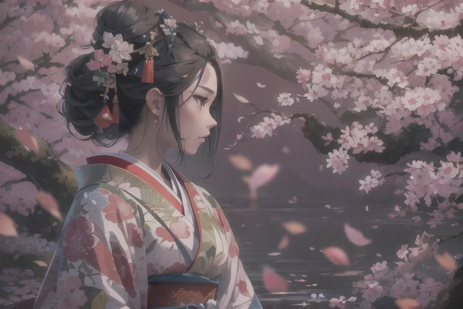 (best quality,4k,8k,highres,masterpiece:1.2),ultra-detailed,(realistic,photorealistic,photo-realistic:1.37),geisha and samurai couple, boy and girl ,meeting in a sakura garden, traditional Japanese scene, breathtakingly beautiful geisha, fierce and noble samurai, delicate cherry blossom petals floating in the air, vibrant colors, soft lighting, intricate kimono patterns, Japanese tea ceremony set in the background, poetic atmosphere, romantic ambiance, vivid cultural portrayal, traditional art style, graceful gestures, intense eye contact, peaceful and serene surroundings, focus on facial expressions and emotions, attention to fine details, elegant hairstyles, sparkling geisha accessories, stoic samurai armor, contrasting yet harmonious presence, poetic and symbolic representation, serene water feature reflecting cherry blossoms.