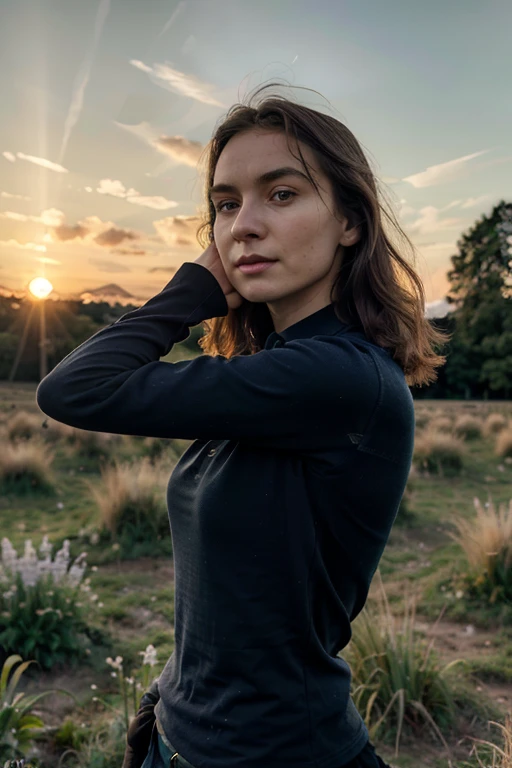 Foto von S250_FreyaParker,eine stilvolle Frau,auf einen (Feld:1.1),contributes (Polo Hemd:1.1) und ein (Rock),(Sonnenuntergang),(4k, RAW-Foto, Best quality, depth of Feld, ultra high resolution:1.1),(absurder, kompliziert, Fotorealistisch, Meisterwerk, Ultradetailliert:1.2), 80D chest size