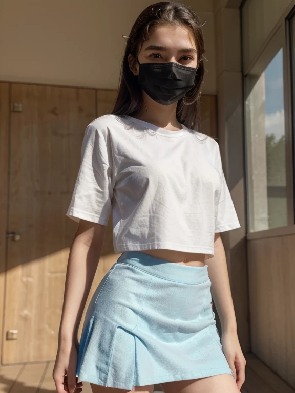 a cute 15 years old girl, white skin, masterpiece, textured skin, super detail, high details, high quality, 8k, 
wearing a shirt stomuch visible, skirt, wearing a mask, 