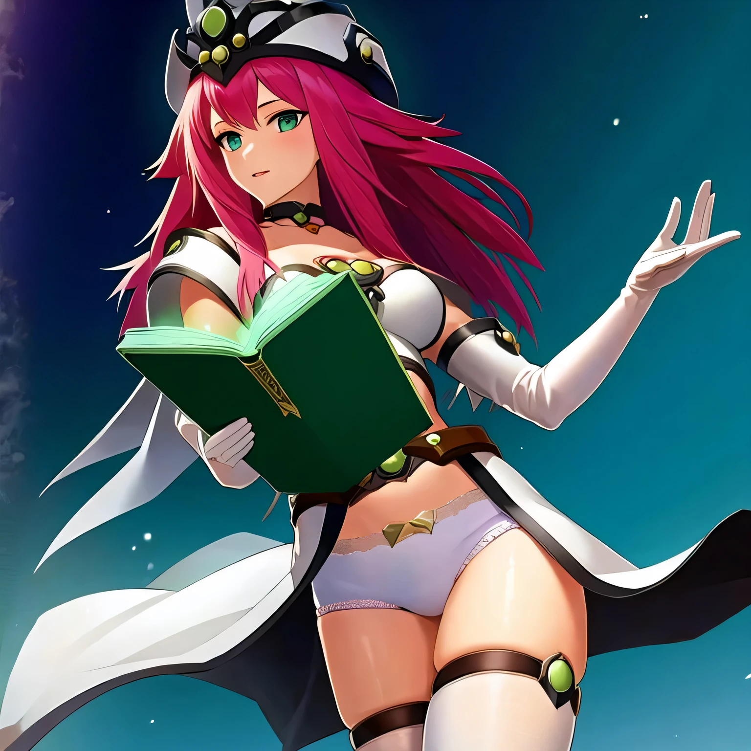 (masterpiece, best quality:1.2), 1girl, solo, pink hair, white panties, white clothes, elbow gloves, white thigh highs, holding magic book, green book