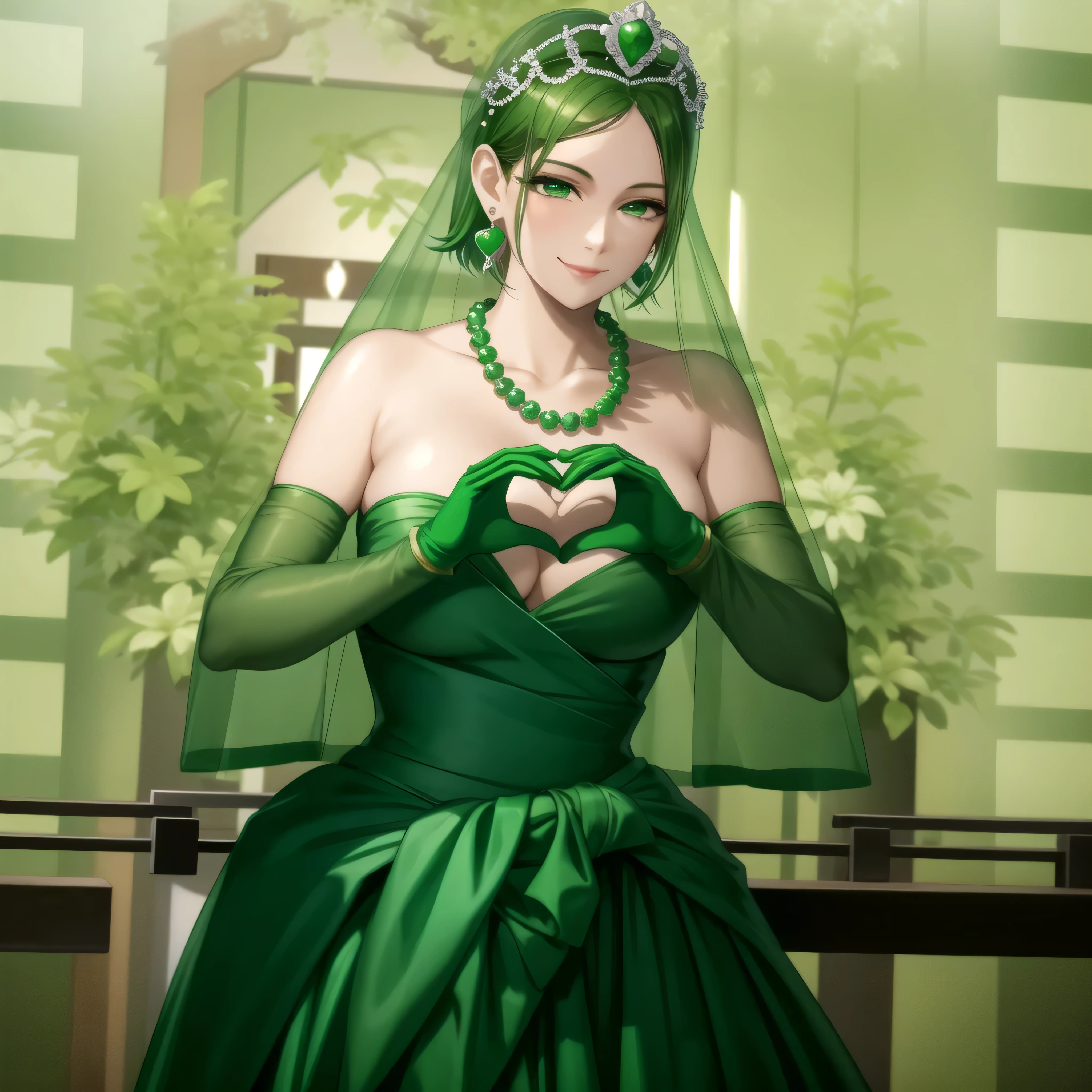 emerald tiara, green pearl necklace, boyish very short green hair, green lips, smiling Japanese woman, very short hair, Beautiful woman with big breasts, green eyes, green satin long gloves, green eyes, emerald earrings, green veil, Heart with both hands, green hair, beautiful japanese woman, heart shaped hands:1.3, green lip gloss
