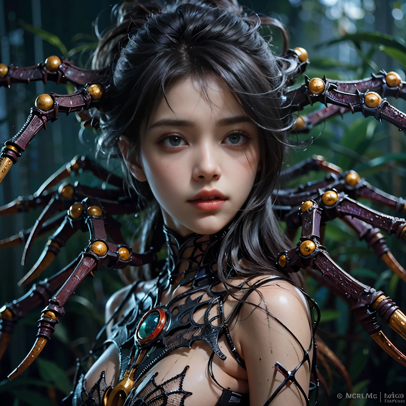 (best quality,ultra-detailed,realistic,masterpiece:1.2),girl with beautiful detailed eyes and lips in the upper body, body of a spider in the lower body, wings of a bat, partially mechanical elements, , vibrant colors, detailed rendering of the girl's hair flowing in the wind, realistic textures on the spider body, surreal lighting highlighting the mechanical parts, haunting atmosphere, dark and mysterious background