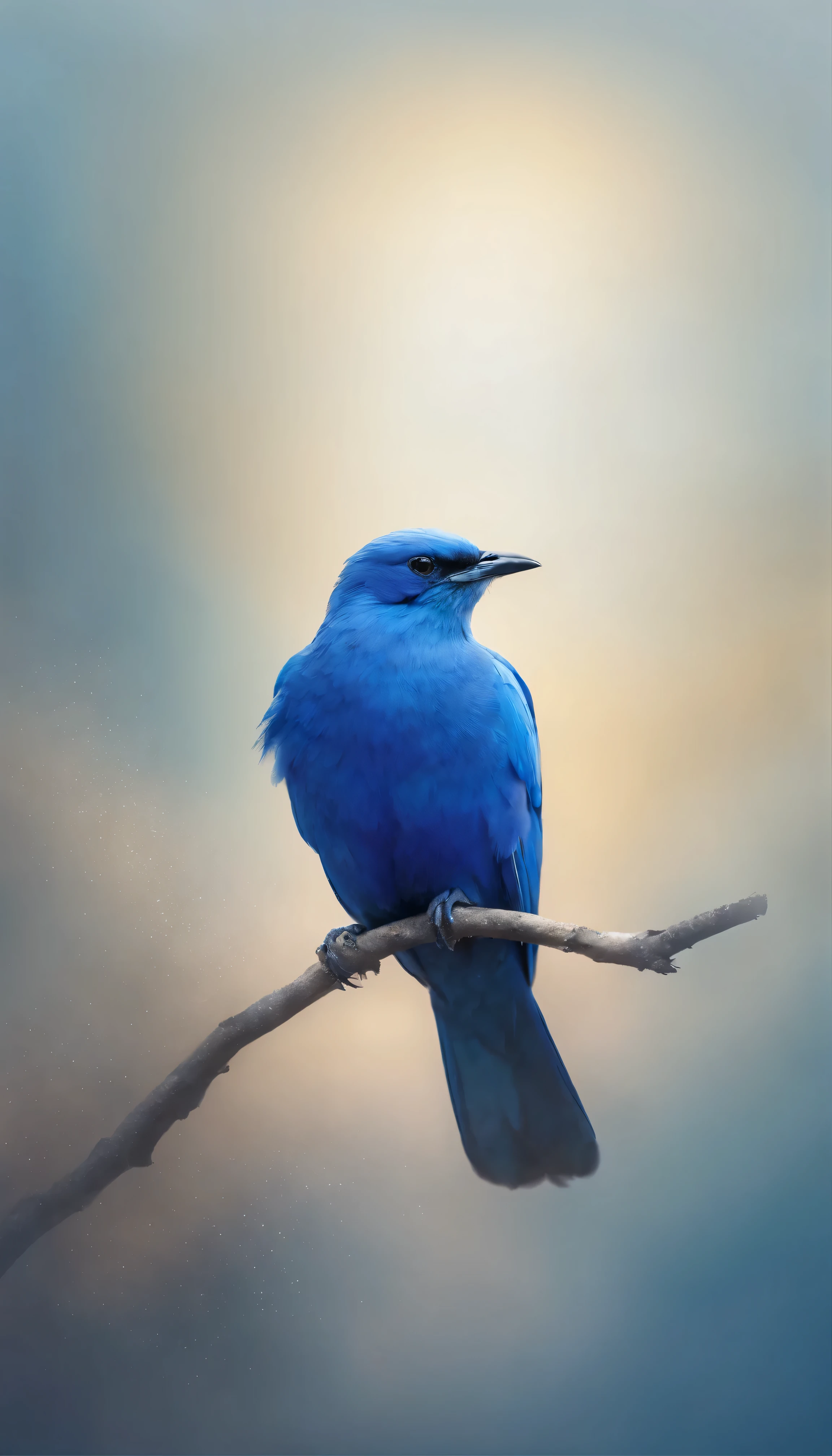 In a vast expanse of pristine white, a vivid blue bird soars gracefully, its wings outstretched against the blank canvas of the sky. Its feathers shimmer with iridescence, reflecting the pure light surrounding it. With each beat of its wings, it cuts through the emptiness, leaving behind trails of cobalt blue against the immaculate backdrop. The bird's presence is captivating, a burst of color in an otherwise untouched void, symbolizing freedom, purity, and the boundless possibilities of the open sky. Close up with completely white canvas behind the bird