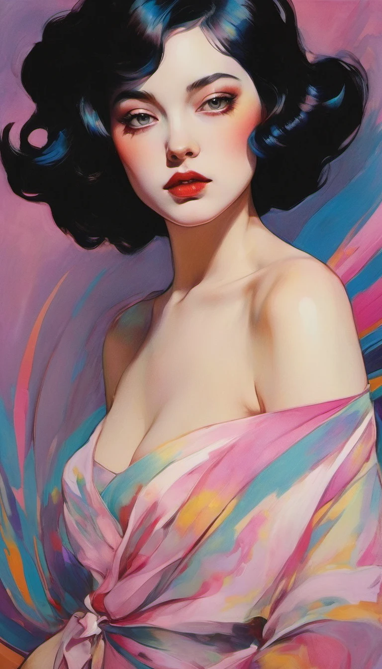 chiaroscuro technique on sensual illustration of a bitch , vintage ,silky dress, matte painting, by John Singer Sargent, by Harumi Hironaka, abstract background, (upper body:1.2), Rainbow pastel, highly detailed, digital artwork, high contrast, dramatic, refined, tonal, an intimate, seductive studio setting with a focus on sensuality and romance. Utilize soft, warm lighting that bathes the space in a gentle, inviting glow. Incorporate luxurious fabrics, plush furnishings, and a touch of decadence to evoke an opulent ambiance. The scene should exude an air of serenity and anticipation, inviting the viewer into a sensual and romantic space