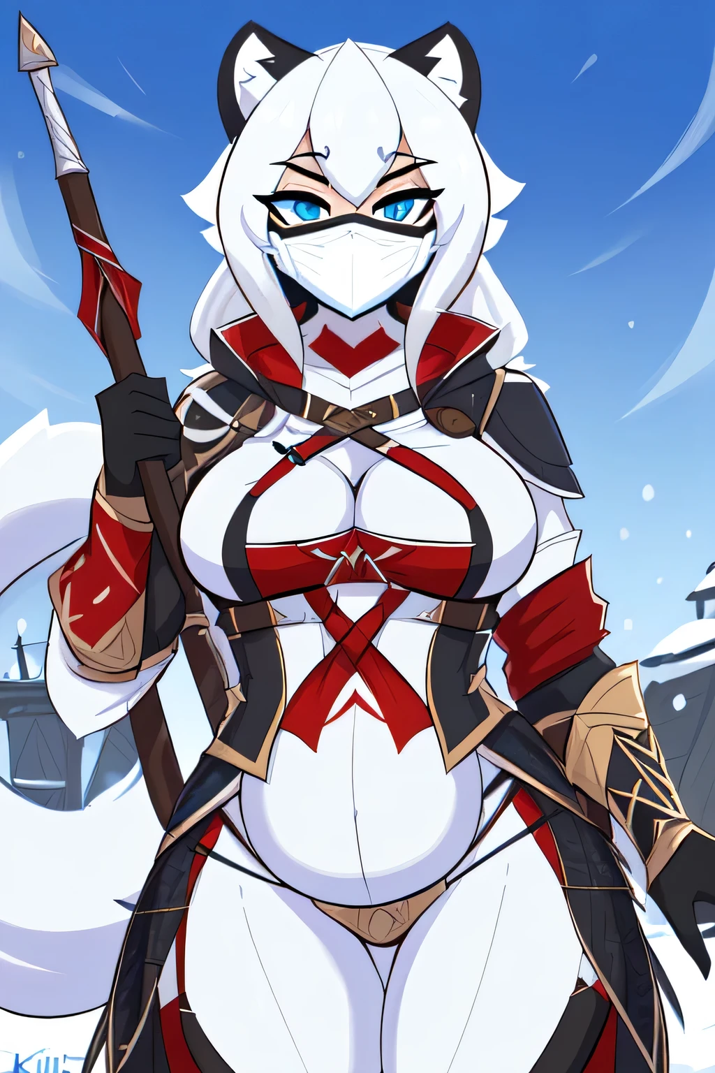 ((8k, 4k, Detailed, High quality, masterpiece, perfect anatomy)), Assassin's Creed, furry, female, mature female, ((by Kilinah, fluff-kevlar)), snow leopard, sexy body, breasts, cute face, long white hair, blue eyes, leopard tail, Assassin's Creed armor, Assassin's Creed outfit, assassin face mask, pregnant