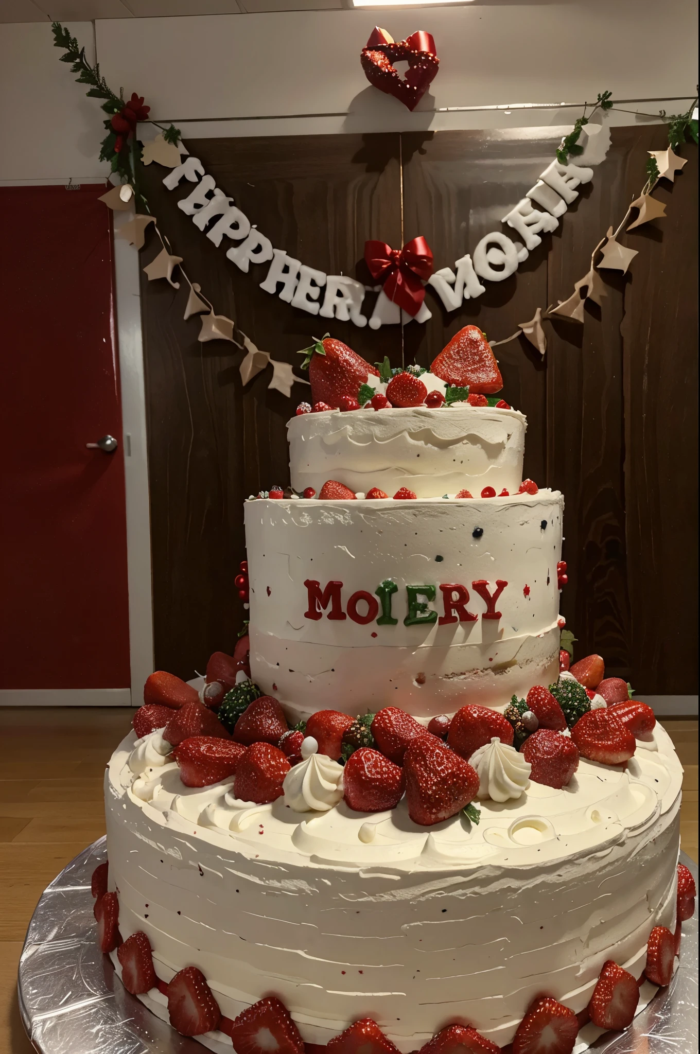 Christmas Day celebration in class room with beautiful strawberry cake and decorations.