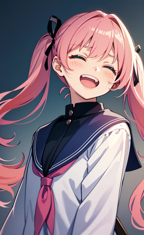 (masterpiece、top-quality、8k size wallpaper、offcial art)、(portrait,cowboy shot:1.6)、(1girl),(very loud laugh,Open mouth:1.3),(closed eyes:1.5),cute face,blue eyes、twintails、
,(stand),(Shining smile),
,(sexy body),(school uniform),(long fluorescence pink hair1.3), (small breasts)、
、fluorescence、classroom,JK、(>_<:1)