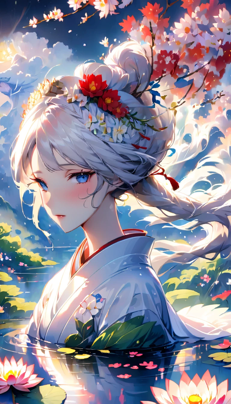 masterpiece，colorful clouds，halo，Reflection on the surface of the water，fan，Gorgeous and luxurious，Glittering，white long hair，A Japanese-style flower crown on the head，Goddess，Hagoromo，The skin is transparent，The whole person is visible，kimono，長いkimonoの裾から片足だけ見えてる，kimonoが濡れて肌が透けている，A casual white dragon in the background，White Lotus Flowers．petals dance，water droplets，glossy，god々The beauty，a sad expression，flushed cheeks，龍god，night curtain