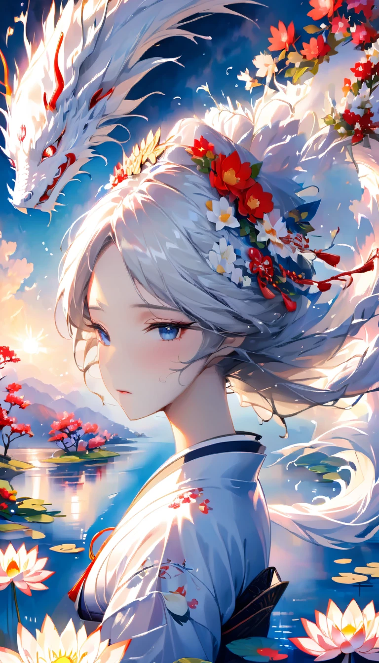 masterpiece，colorful clouds，halo，Reflection on the surface of the water，fan，Gorgeous and luxurious，Glittering，white long hair，A Japanese-style flower crown on the head，Goddess，Hagoromo，The skin is transparent，The whole person is visible，kimono，長いkimonoの裾から片足だけ見えてる，kimonoが濡れて肌が透けている，A casual white dragon in the background，White Lotus Flowers．petals dance，water droplets，glossy，god々The beauty，a sad expression，flushed cheeks，龍god，night curtain