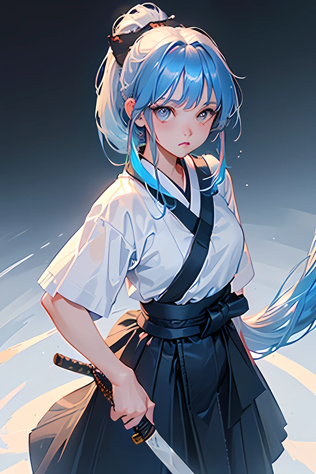 (8K, highest quality, masterpiece:1.2),super detailed,super resolution,1 girl, (focus of the eye:1.3, face focus:1.3), (bicolor hair, skyblue:1.3),(gradient hair:1.5), yellow eyes,sailor suit, skirt, kimono, cry/moist eyes, ponytail, Japanese sword, (Iaido stance), (snowly:1.3), (Poised for Iaido:1.5)
