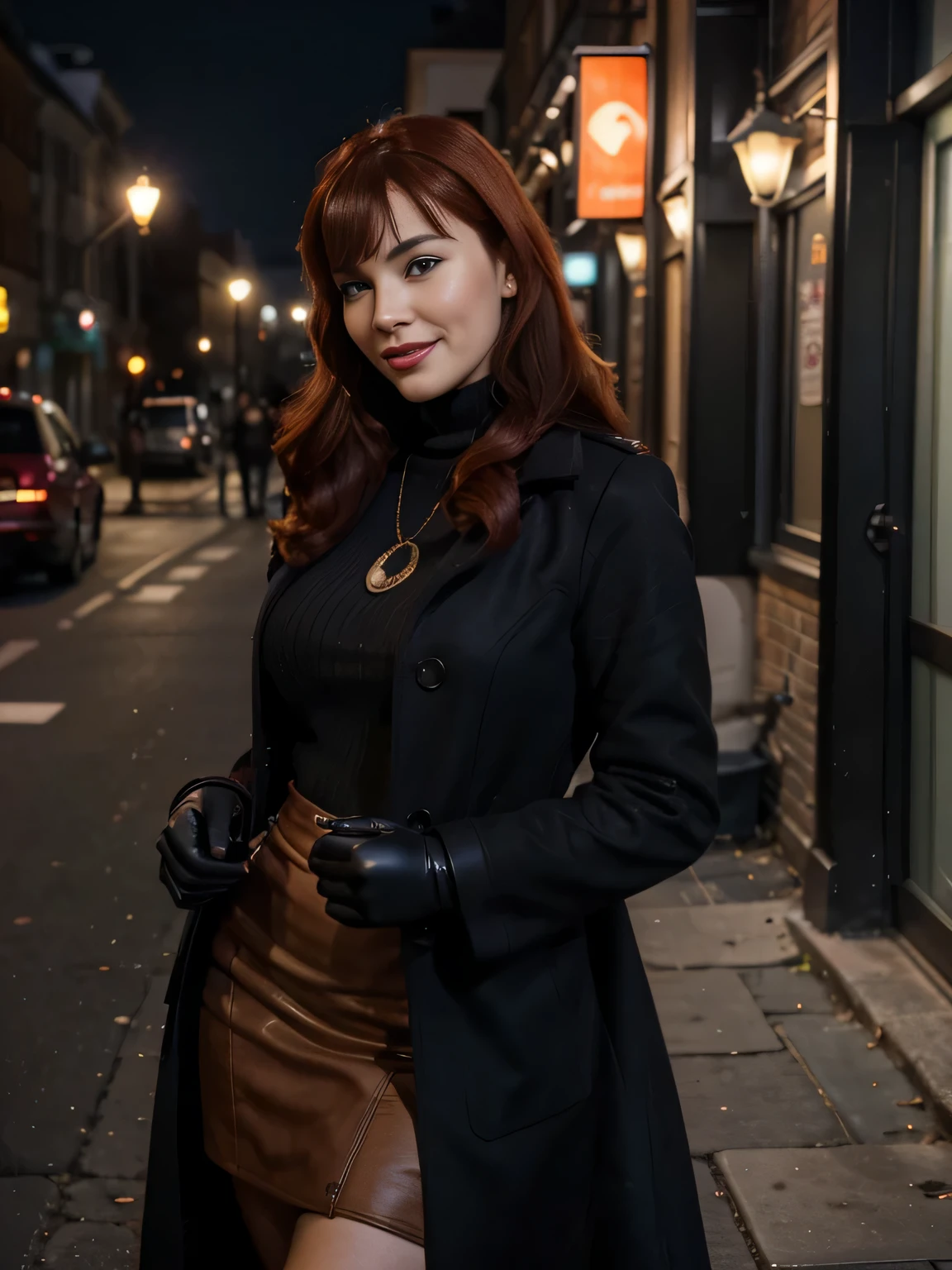 A beautiful smiling lips open Bettie page with red hair in a dark blue, long loose invernal black coat, black gloves, in a large black turtleneck with a black small round pendant in a maxy long brown pencil skirt with a side slit, standing outside a cafe on the street on Nevsky Prospekt, burgundy bag ,watin for the taxy, smoking a cigarette , she wants to make love with me now,photo captured in stunning Ultra HD, 8k resolution, Nikon D850,