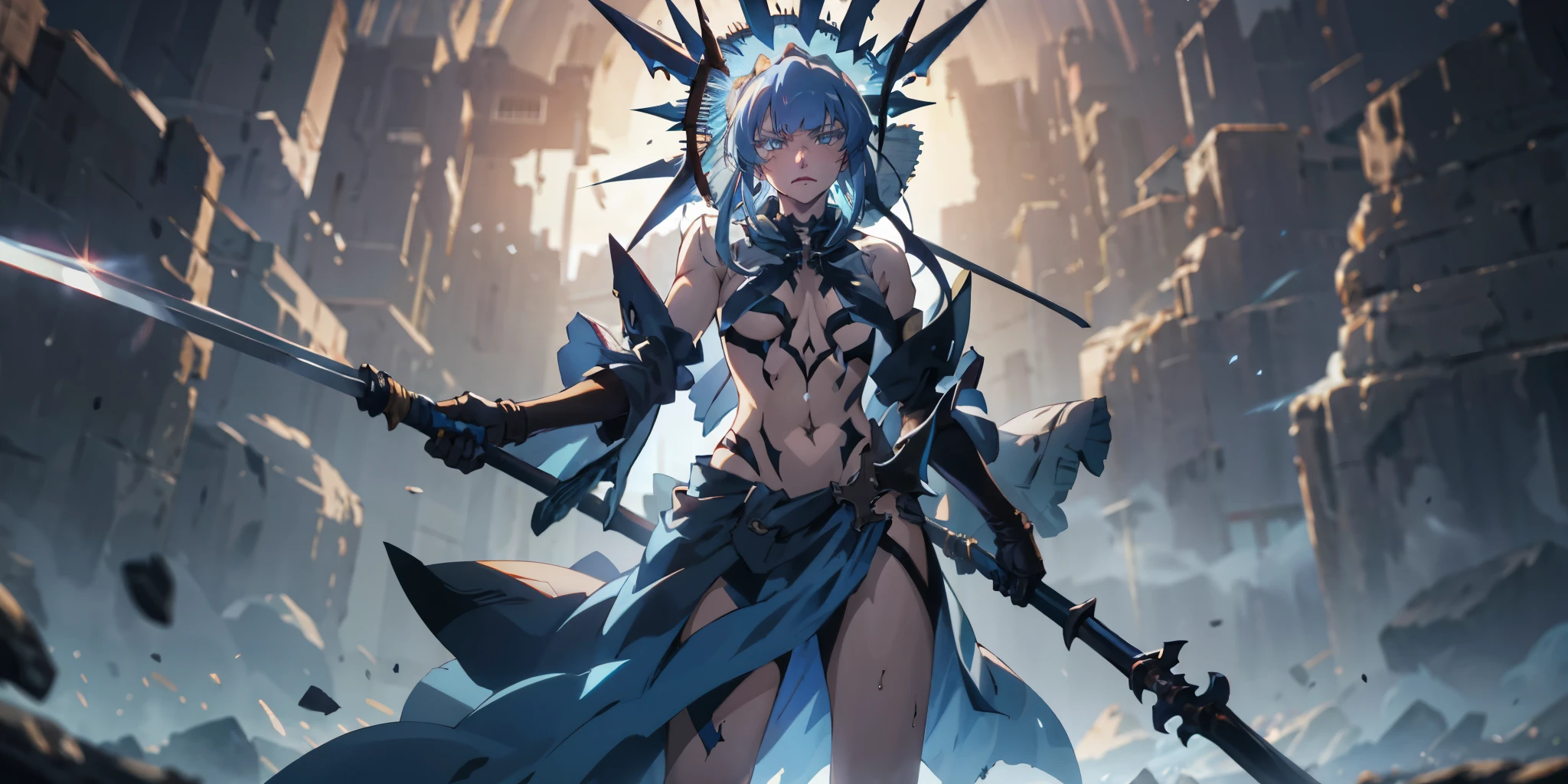 Eft_akame_esdeath, light-blue hair, silver eyelashes, long hair, military hat, curvy, anatomically correct, heavy breathing, mature female, breasts, 1girl, holding, sword, solo, blue_eyes, holding_weapon, short_hair, holding_sword, outfit-origami, halo, veil, navel, elbow gloves, detached sleeves, frills, bow, navel, standing, dual_wielding, closed_mouth, glowing, bangs, gloves, earrings, looking_at_viewer, glowing_weapon, "glow effects, godrays, Hand drawn, render, 8k, octane render, cinema 4d, blender, dark, atmospheric 4k ultra detailed, cinematic, Sharp focus, big depth of field, Masterpiece, colors, 3d octane render, 4k, concept art, trending on artstation, hyperrealistic, Vivid colors, extremely detailed CG unity 8k wallpaper, trending on CGSociety, Intricate, High Detail, dramatic", anime coloring, anime screencap, sweating, steaming body, fog
