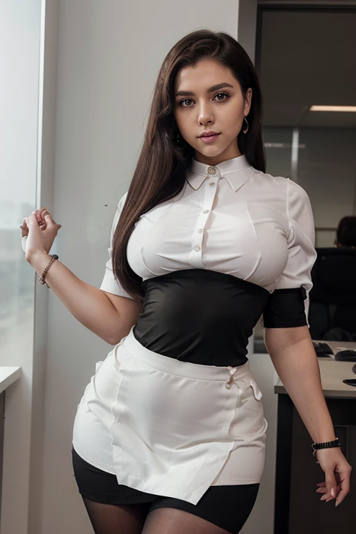 ((office attire, white blouse, high-waist black skirt, sheer black pantyhose)), 1 girl, 25 years old, 1.8 meters height, middle parted straight bob cut, beautiful brown hair, long eyelashes, big eyes, earrings, red parted lips, smiling, slender body, curvy body, busty, thin waist, (wide hips: 1.7), curvy accentuated booty, sparkling eyes, Strong calves, (very muscular legs), ((bracelet in left wrist, sports watch in right wrist)).