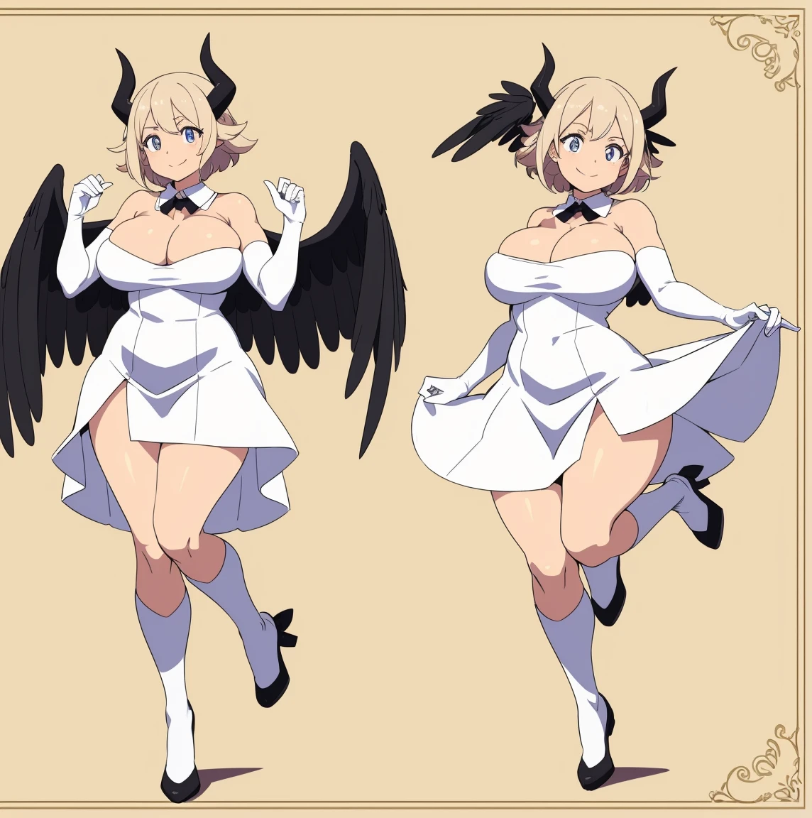 reference sheet, 1girl, (solo:1.2), curvy, (masterpiece:1.2), (best quality:1.2), (perfect anatomy:1.4), (jumping:1.4), (happy:1.2), smile, (large breasts:1.4), (cowboy shot:1.2) lack, anime style, pastel colors, thick semi-traditional lineart, al1, demon horns, white gloves, white dress, bare shoulders, detached collar, cleavage, slit pupils, black wings, feathered wings, low wings