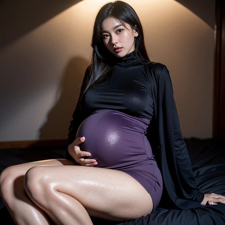 (Very detailed,night, In a dimly lit room, a girl,Married,Married woman,30s,maternal radiance,Mother,The charm still exists,black hair,a little fat, full, Large sagging breasts, huge big , pregnant, huge pregnant, big pregnant, 9 months, pregnant, 怀着双胞胎的pregnant,delicate face, Sexy, Wear a turtleneck dress, purple bodycon dress, suspender skirt,hip-covering skirt,黑色hip-covering skirt,black stockings,Garter stockings,Suit,Suitcoat,coat, HD, full body shot, travail,Water breaks,Due Date,Realistic perfect figure, Very realistic)