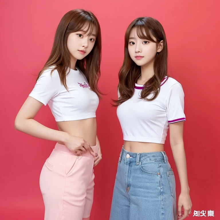 1 girl　k−popアイドル　Those with cool, sharp eyes　long legs　full body portrait　taller　bright eyes(Orange)Brown long hair with no bangs that reaches down to the chest　Looks like Mina from TWICE　Slender　Reality Girls　The closer to a real person the better　Natural Korean K-pop idol makeup　Pink background only　Simple, stylish, and big-looking, this short-sleeved shirt is perfect for any body size and is available in white.　Waist and belly button exposed　Cute pink color､Ultra-mini sports pants that fit perfectly to the body　　Just the right amount of white　Skin type: Cool　The mouth is large and feels just the right thickness.､But it also gives off a somewhat weak image.　主にLooks like Mina from TWICEだが雰囲気の参考として(G)She looks like I-DLE&#39;s Soyeon