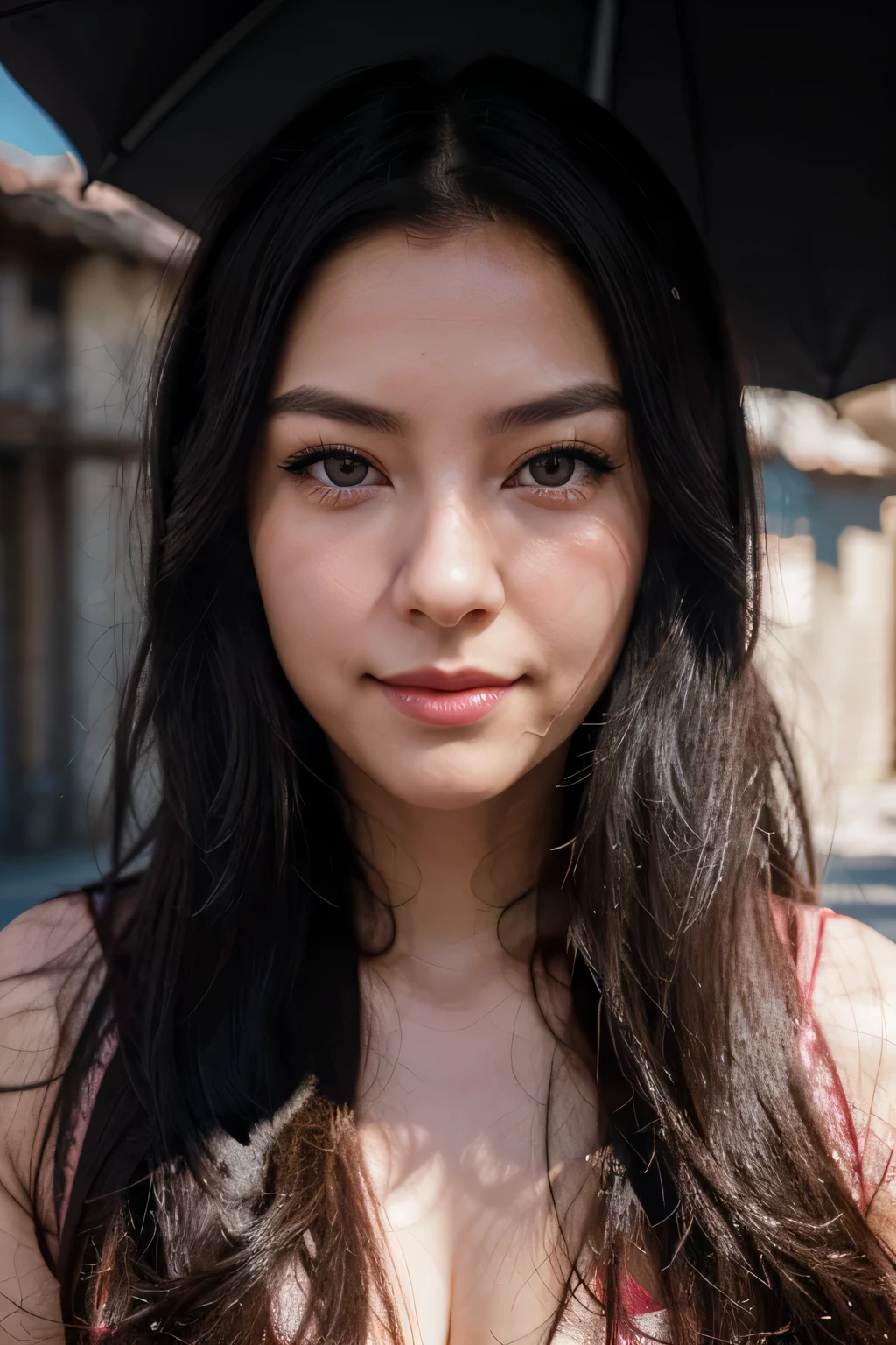 long black hair, hair bobbles, wince, long eyelashes, solid circle eyes, light smile, ear blush, Surrealism, drop shadow, anaglyph, stereogram, tachi-e, pov, atmospheric perspective, 8k, super detail, accurate, best quality full length body

