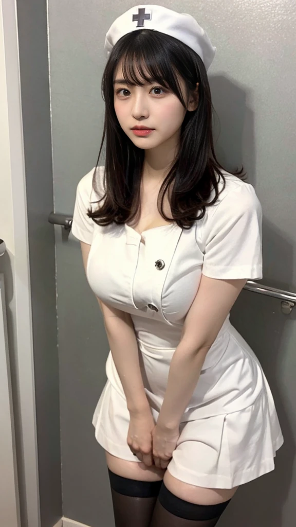 muste piece, best quality, illustration, Super detailed, fine details, High resolution, 8K,wall paper, perfect dynamic composition,(Details High quality, realistic depiction of eyes:1.3), Hospital Rooms、White nurse cap、White tights、White nurse uniform、to stand、Hand skirt、Flipping up a white skirt, short bob hair、black hair color, Big Natural Color Lip, bold sexy pose, (perfect body shape), crying a little、cold gaze, Harajuku style、20 year old girl、cute type、ta、beautiful legs, hposing Gravure Idol, Voluptuous thighs